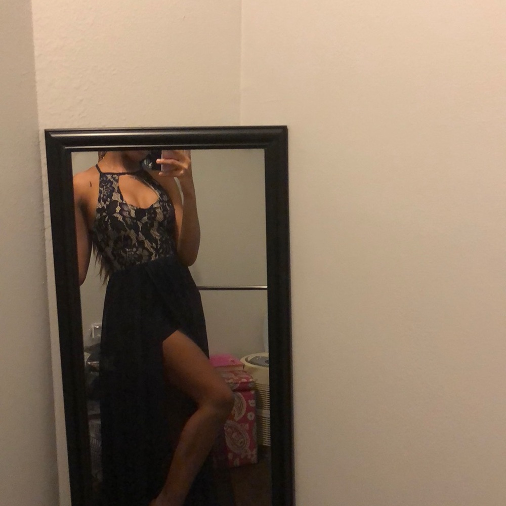 Dark Blue Long Dress with Lace Detailing